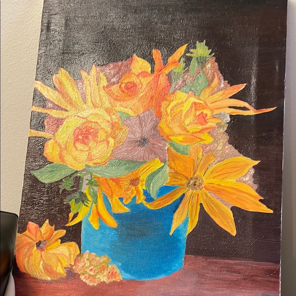 Vibrant Floral Canvas Art in Blue Vase